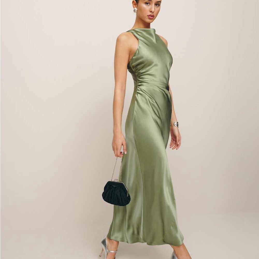 Reformation Casette Silk Dress in Avocado